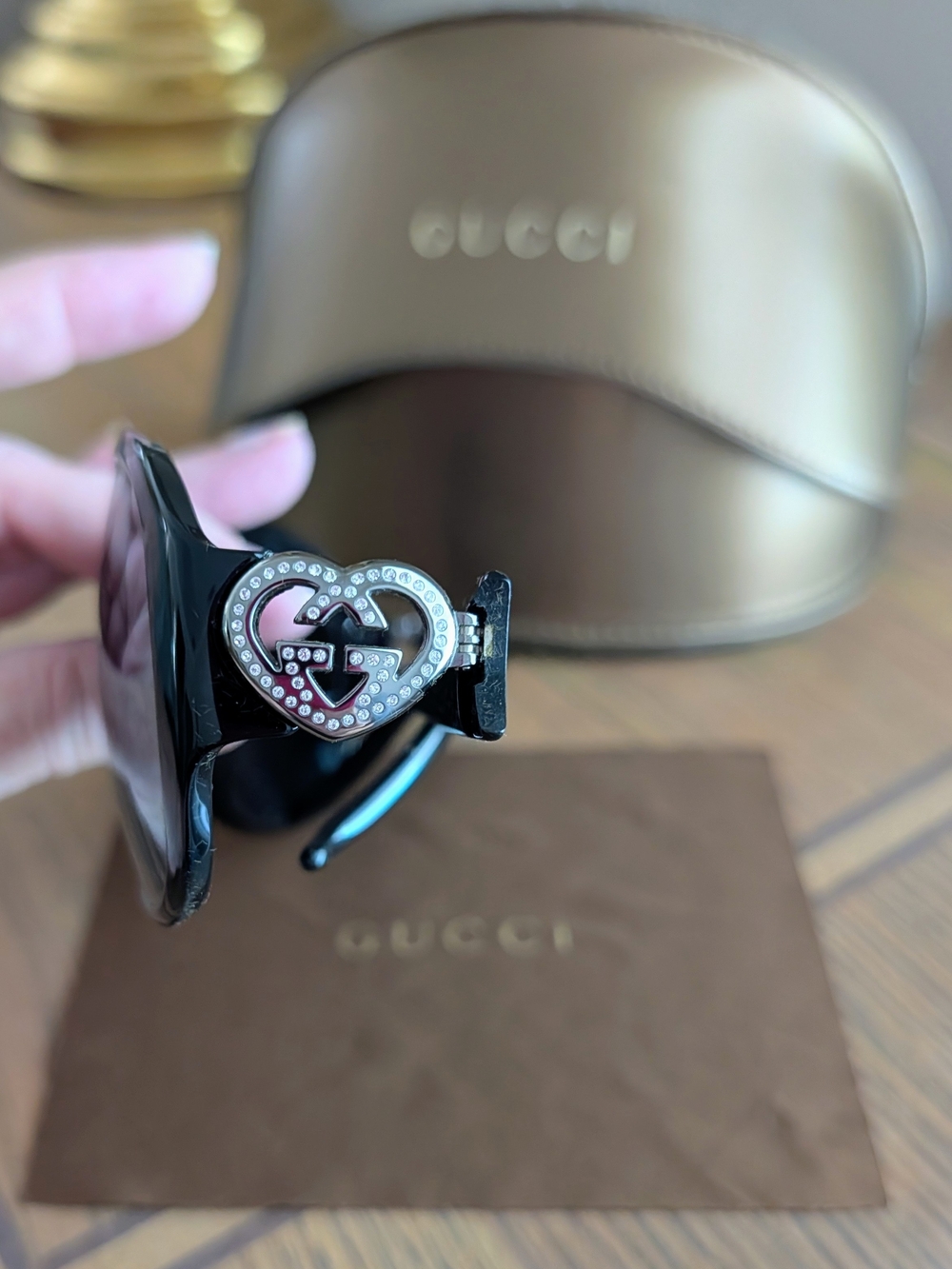 Gucci Black Oversized Women's Sunglasses Mirrored Lenses GG 3530 Crystal Hearts